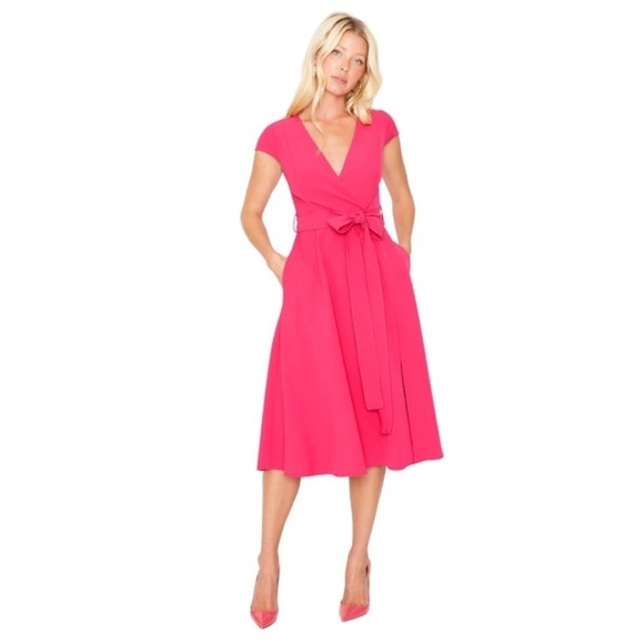 Black Halo - Pandora Faux Wrap Belted Hot Pink Dress - Picture 3 of 16